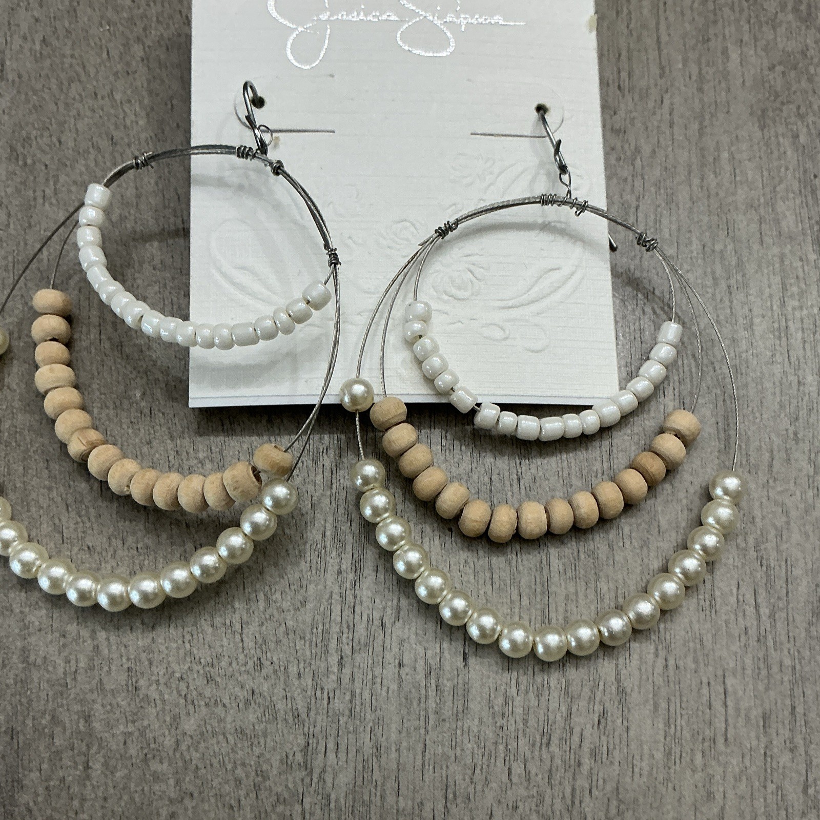 Jessica Simpson Silver Tone Multi-Hoop Beaded Sim Pearl Dangle Hook Earrings
