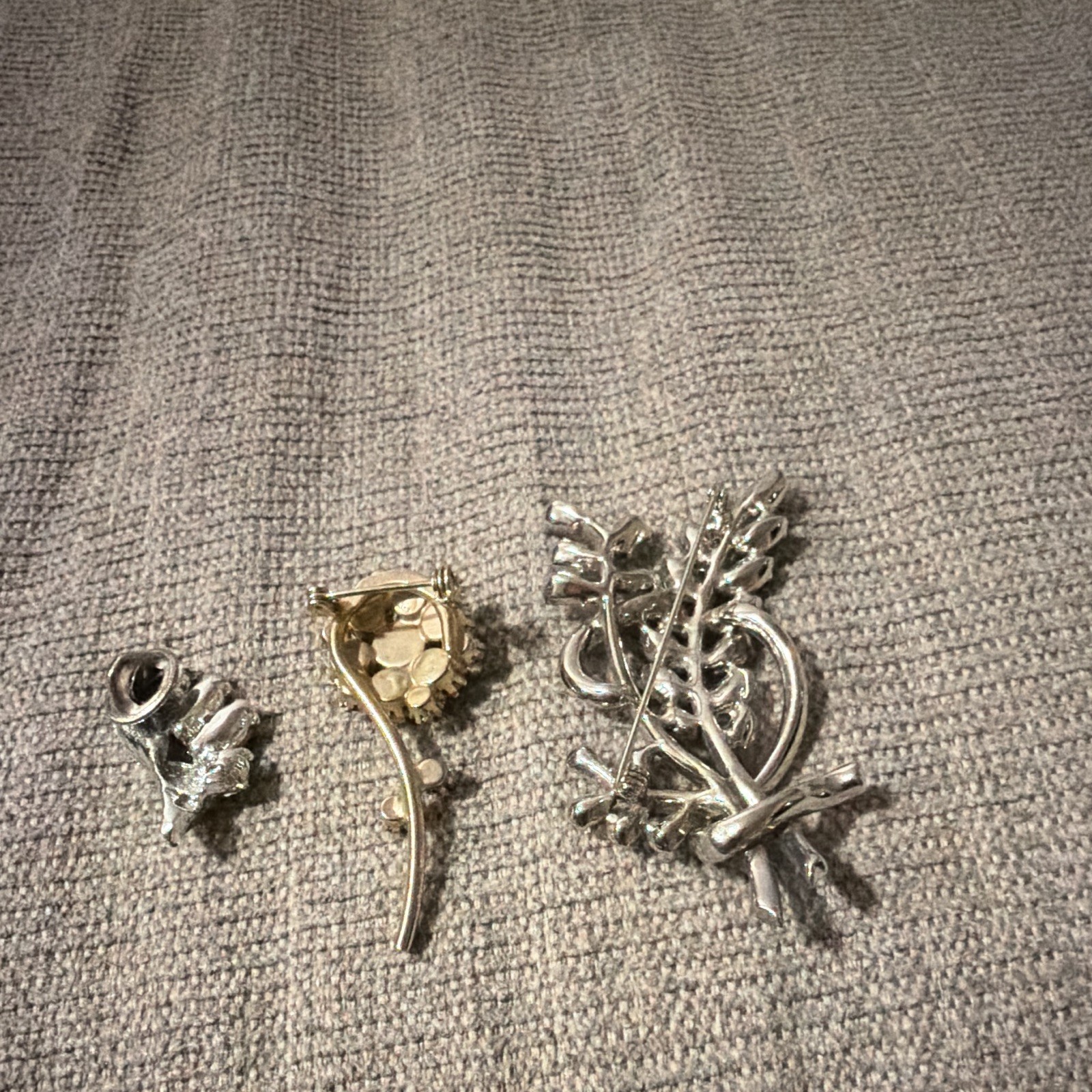 Lot of 3 Floral Flower Rhinestone Brooch Pins, Silver Tone & Pink, Prong Set