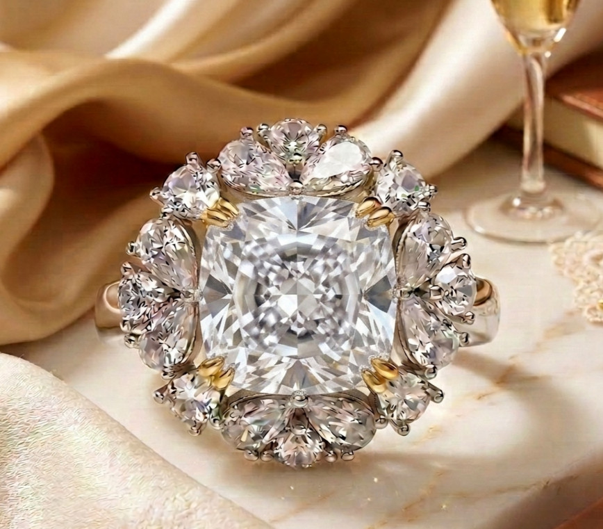 RARE 6.20 Ct Certified Cushion Cut White Natural Diamond Ring White Gold Finish