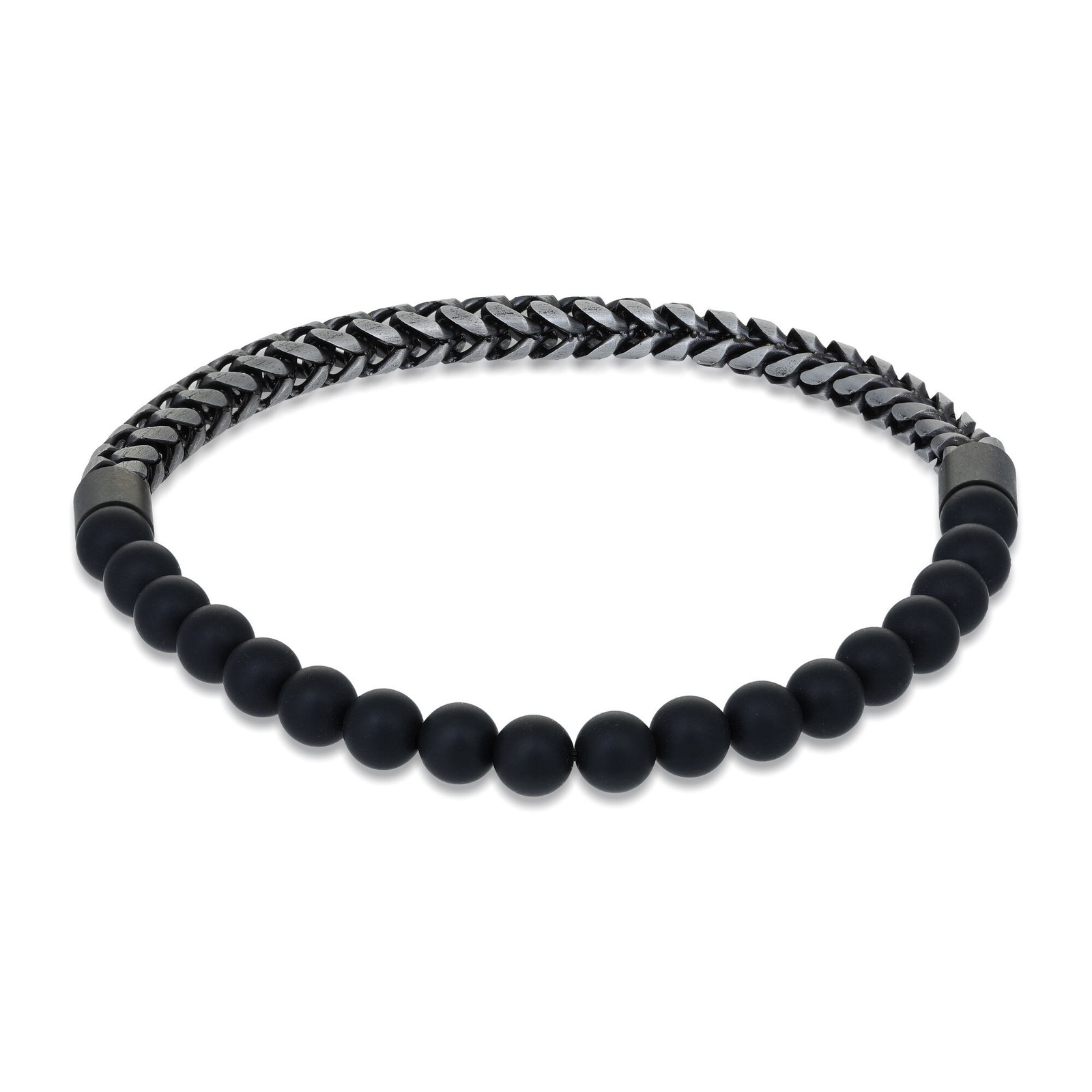 Gun Metal Black Modern Bead and Foxtail Bracelet – 7 MM Wide, 8.25 Inches Length
