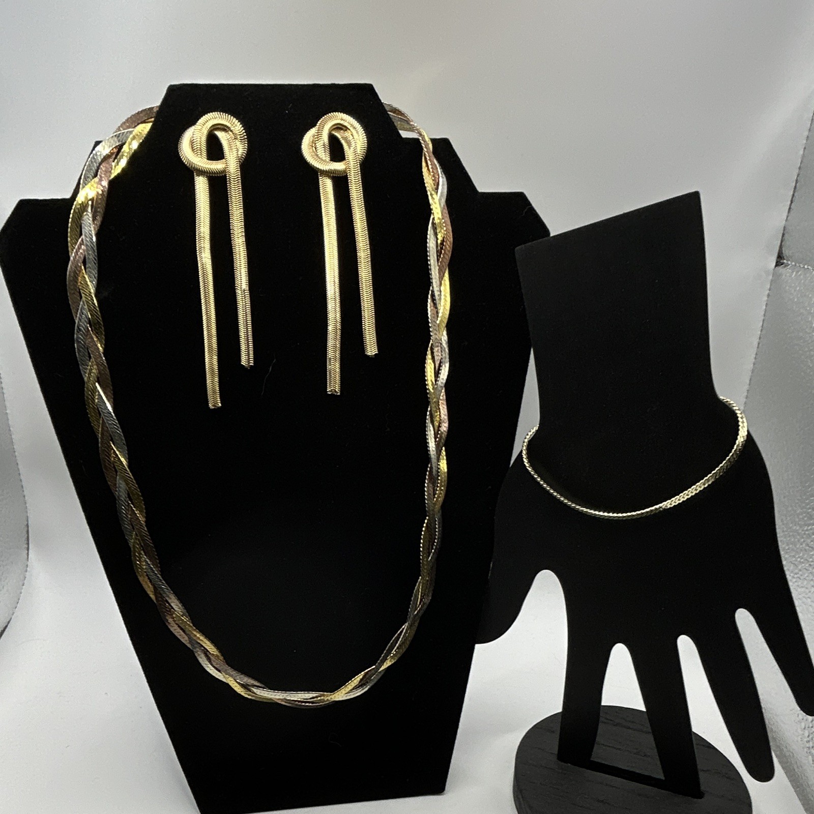Vintage 3-Piece Jewelry Set 14K GP Tri Color Braided Herringbone Chain Lot