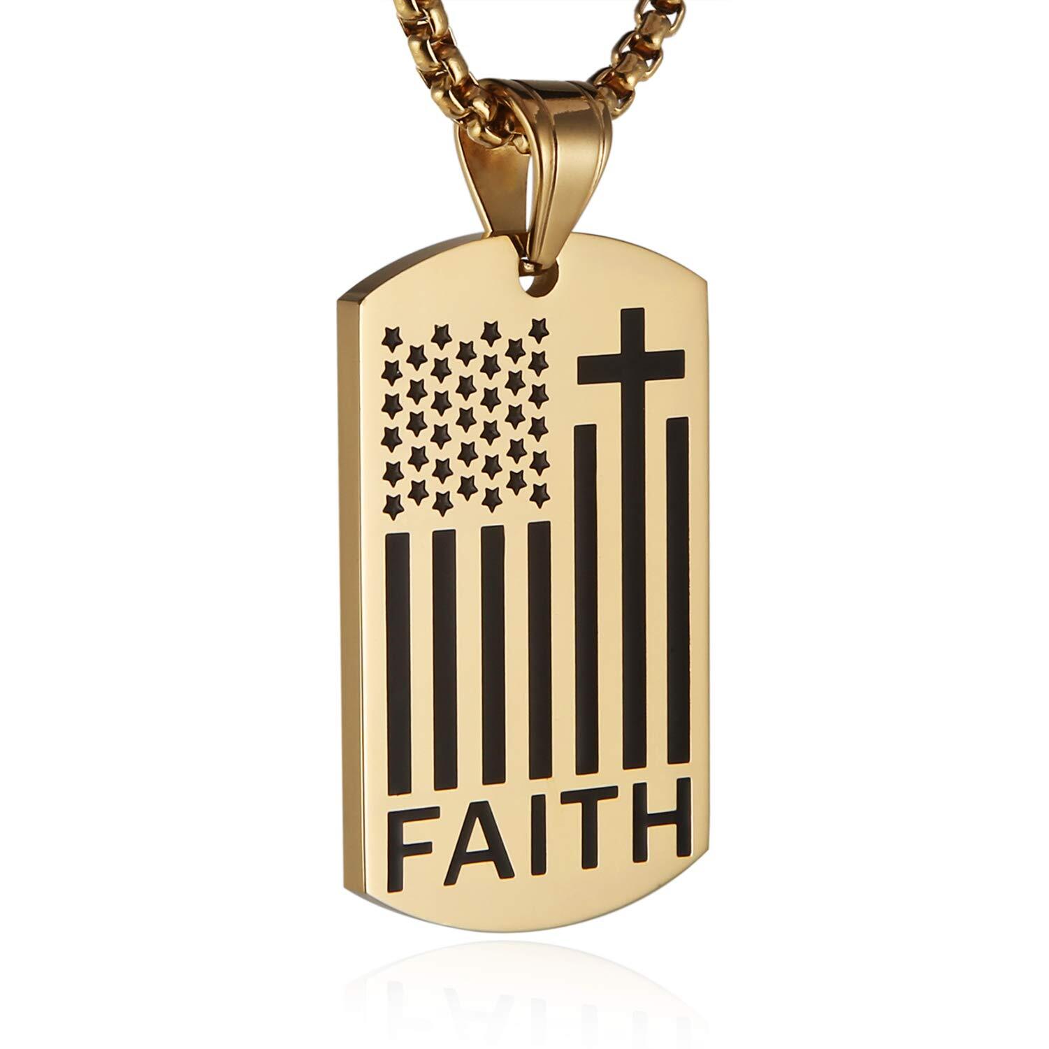 Men American Flag Cross Necklace Patriotic Verse Faith Dog Tag Pendant Chain