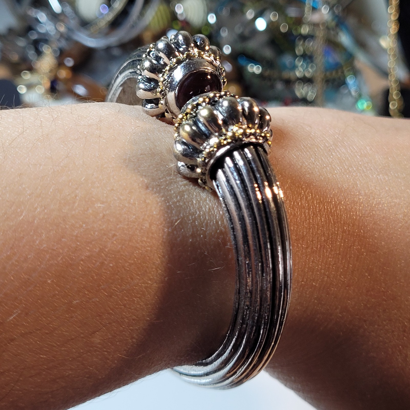Vintage Heavy Silver And Gold Hinged Bangle Bracelet With Dark Burgundy Stones