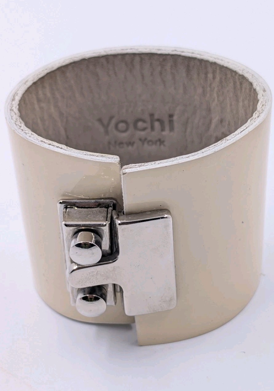 YOCHI NY Cream Beige Leather Silver Snap Clasp Wide 2” Bracelet 5.5” or 6”