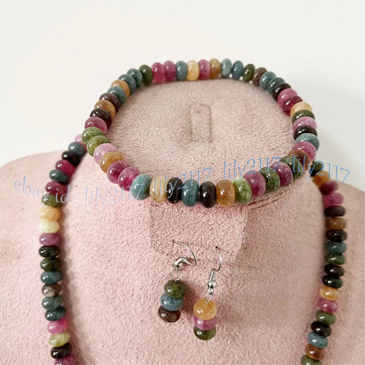 Natural Colorful Tourmaline Rondelle Gems Beads Necklace Bracelet Earrings Set