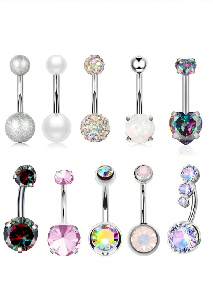 10pc Stainless Steel Belly Button Rings Set 14G CZ Heart Opal Navel Piercing Lot