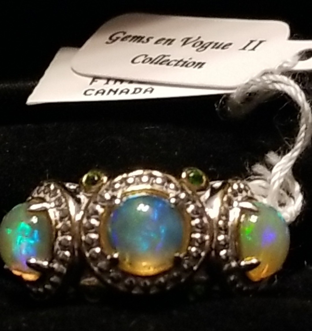 “NEW” Gems En Vogue Opal Ring, 3 Stone Ethiopian Opal Ring, Sterling 925 Size 5