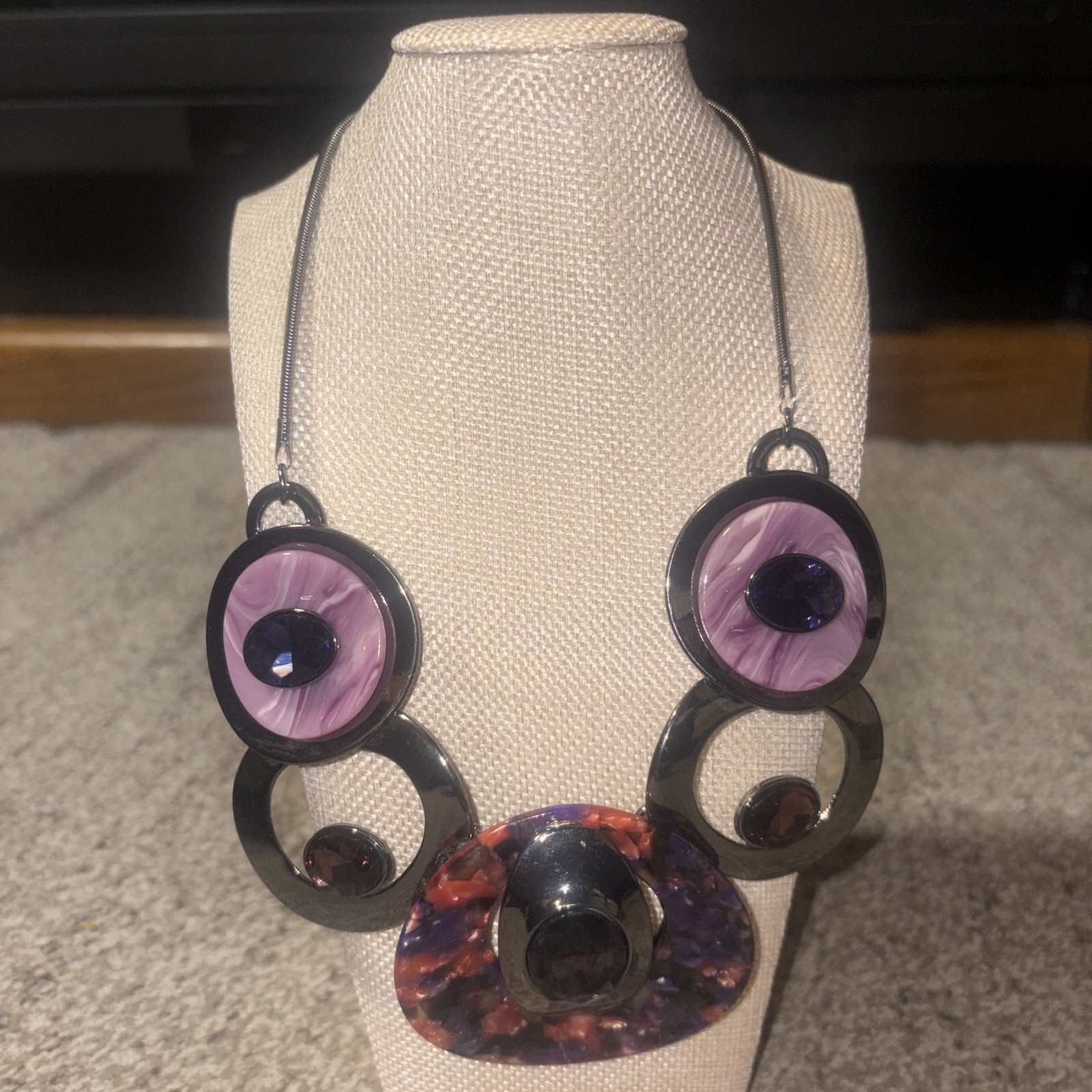 Chunky Purple Resin Statement Necklace- Marbled Geometric Bib Choker Silver Tone