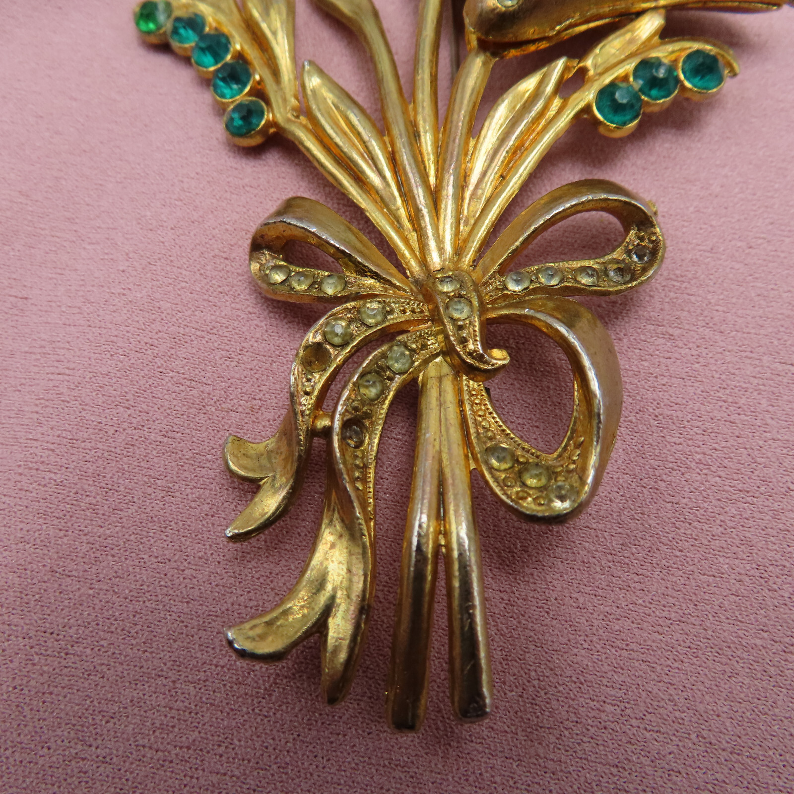 Antique Rhinestone Brooch Flower Clear Green Crystal 3.75 in OOAK Vintage 253f