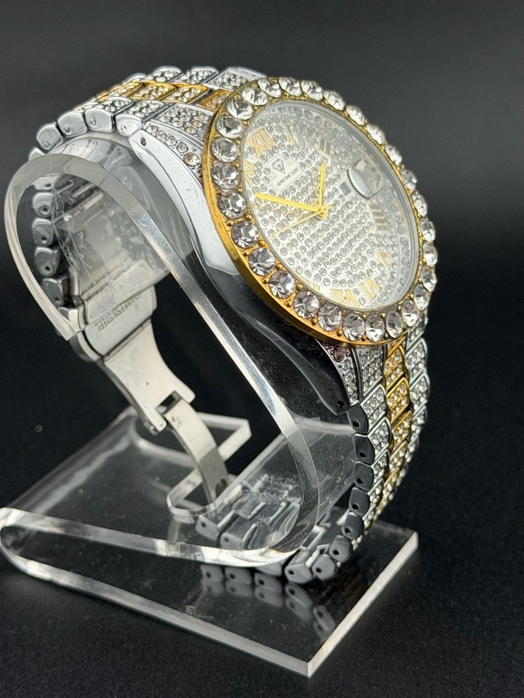 Gemstone Gods Iced-Out Two-Tone Roman Num. Crystal Bling Watch NEW BATTERY 42mm