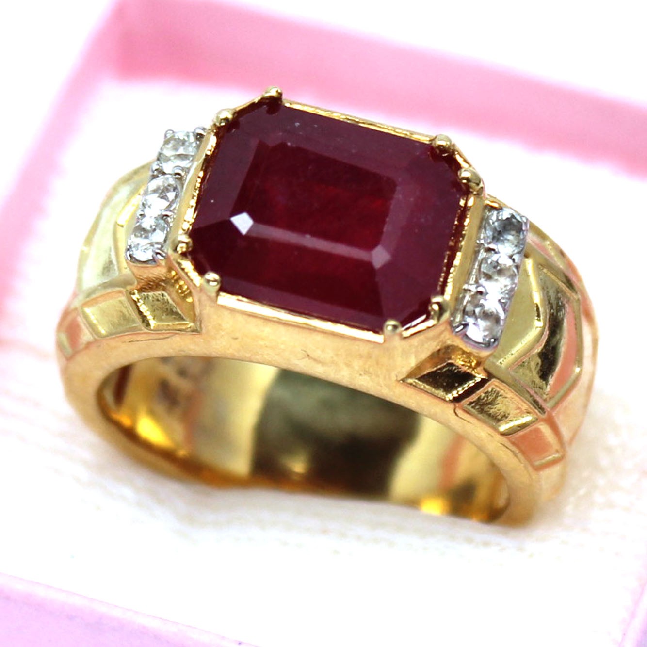 925 Sterling Silver 9 x 10 MM. Red Ruby White Zircon Two Tone Ring Size 7.75