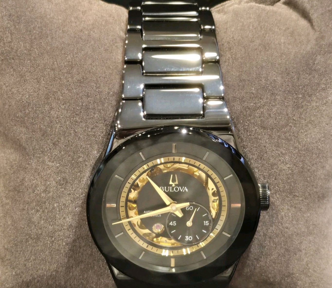 STORE DISPLAY Bulova Modern Millennia Automatic Skeleton Black Mens Watch 98A291