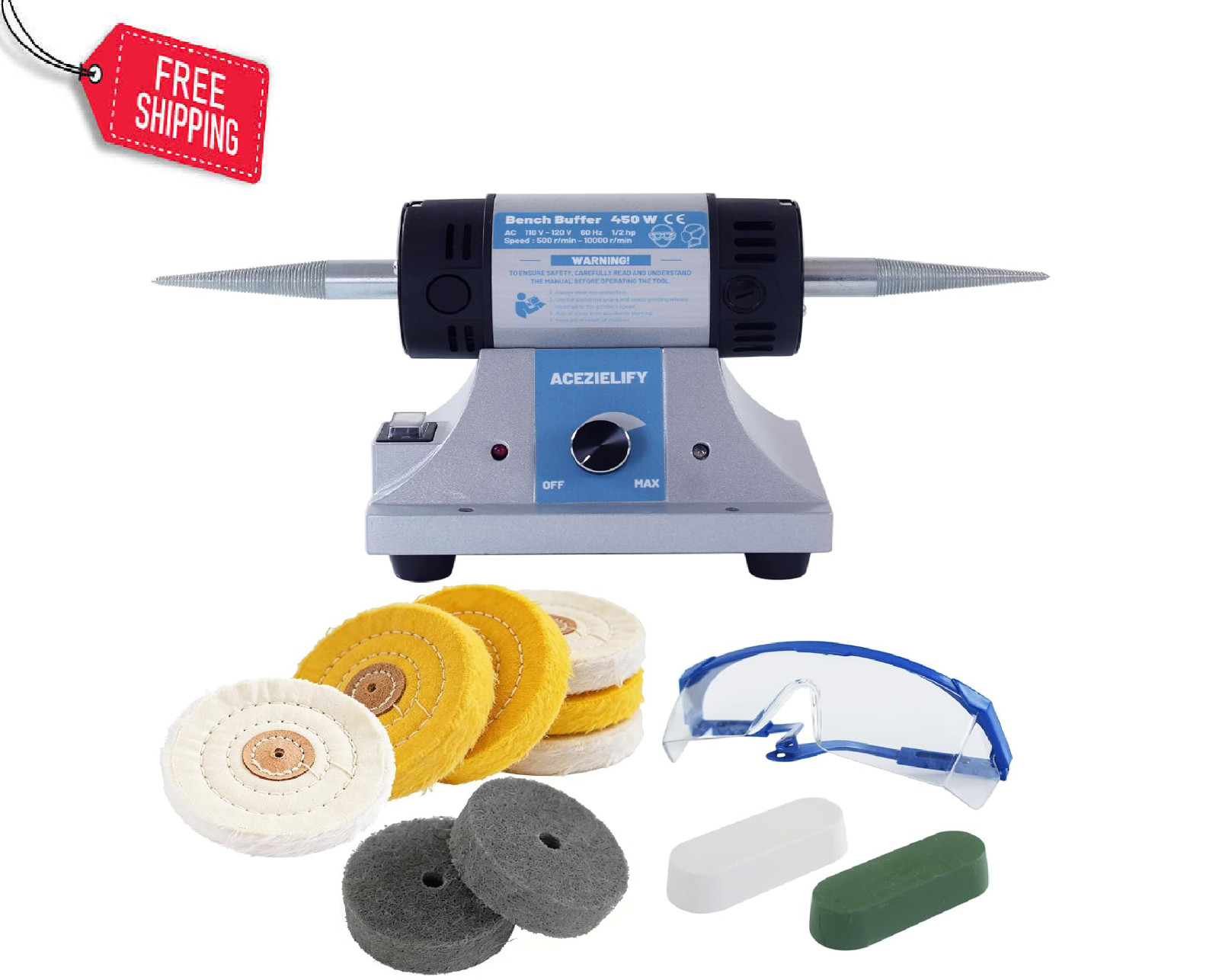 450W Variable Speed Jewelry Polisher Bench Buffer Machine Buffing Kit for Metal