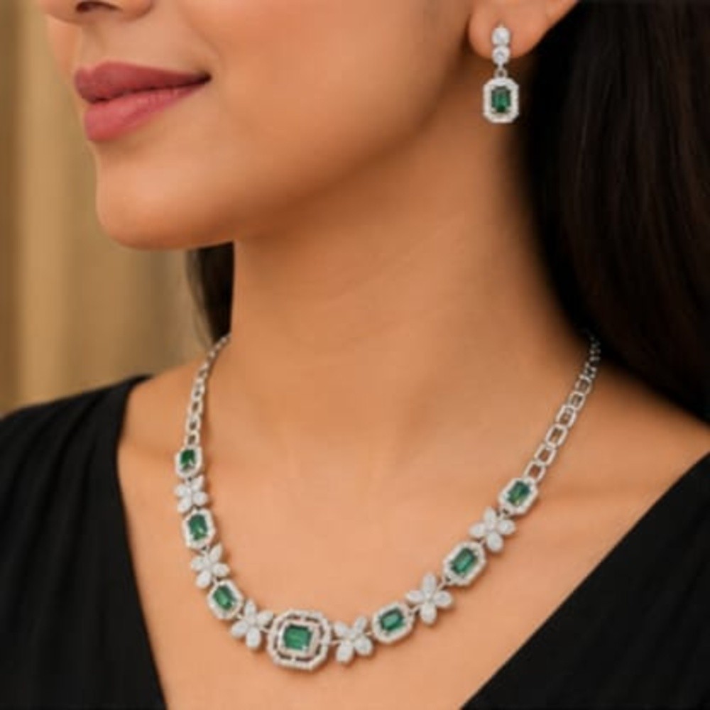 Emerald Green CZ Necklace Set for Women Silver Tone Statement Jewelry Earrings