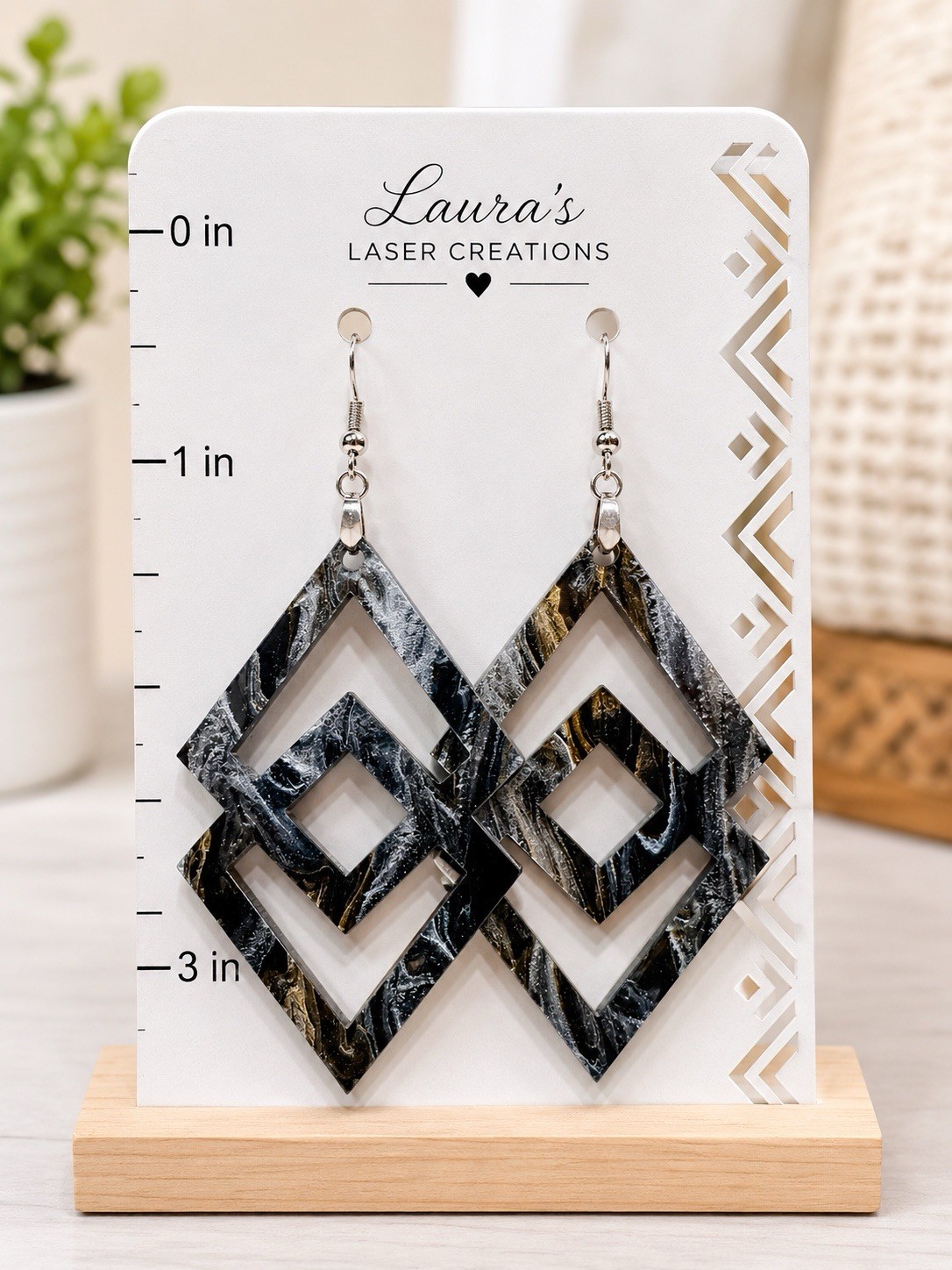 Handmade Geometric Marbled Acrylic Earrings Black Silver Gold Statement Dangles