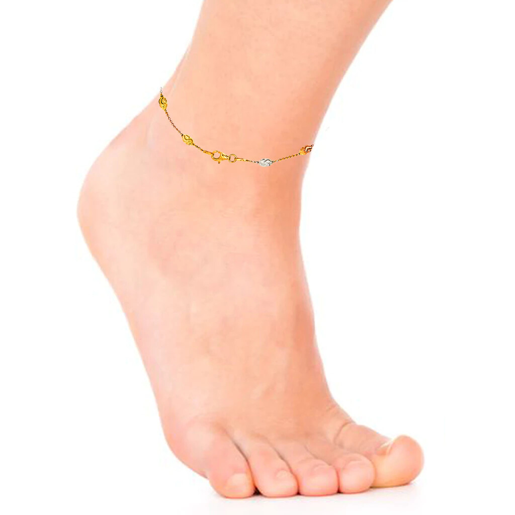 .925 Sterling Silver Tri-Color Diamond Cut Station Oval Moon Anklet 9″ and 10″