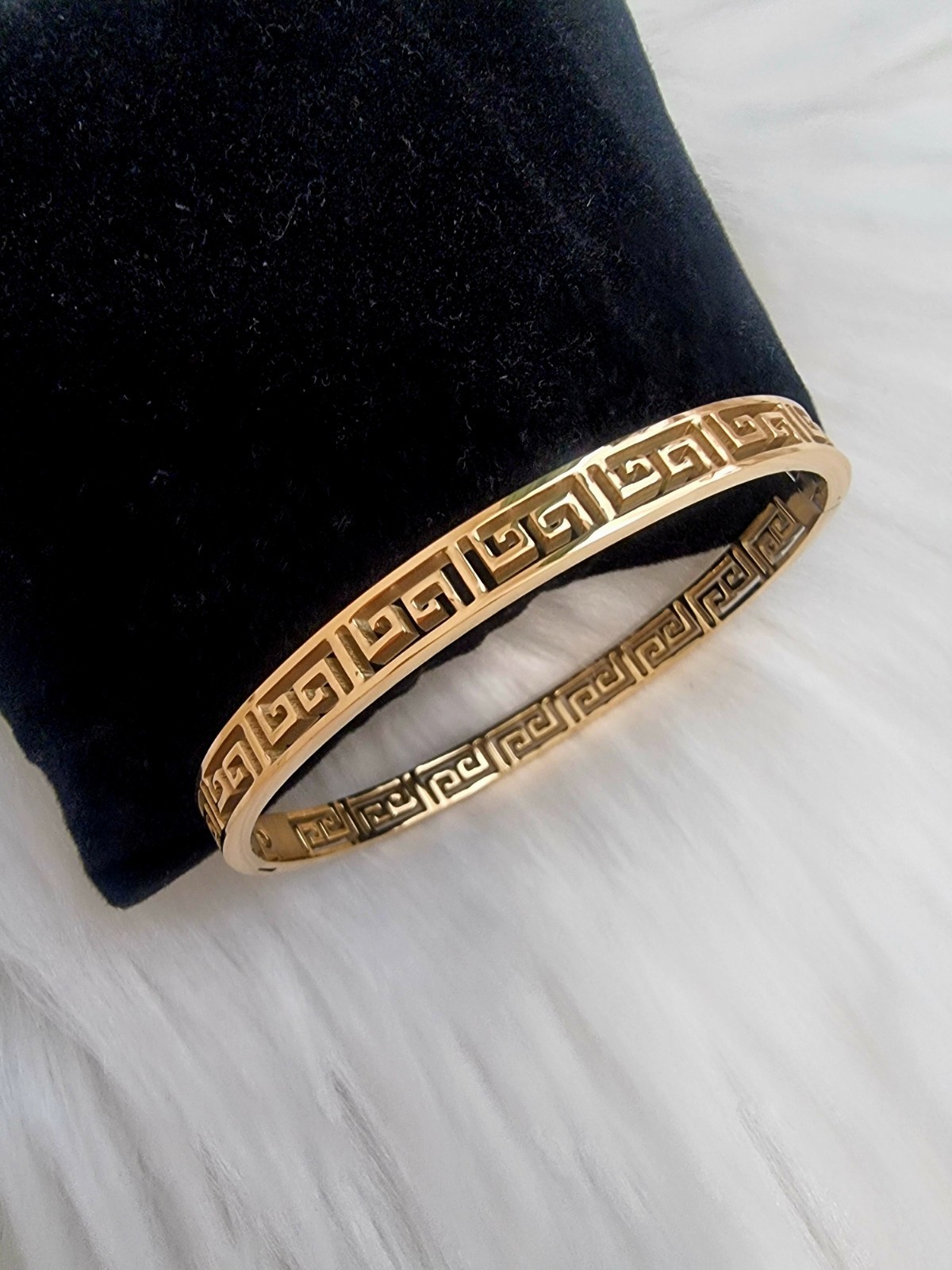 Stainless Steel Bangle Tarnish Free Greek Key Design Gold Plated Bracelet