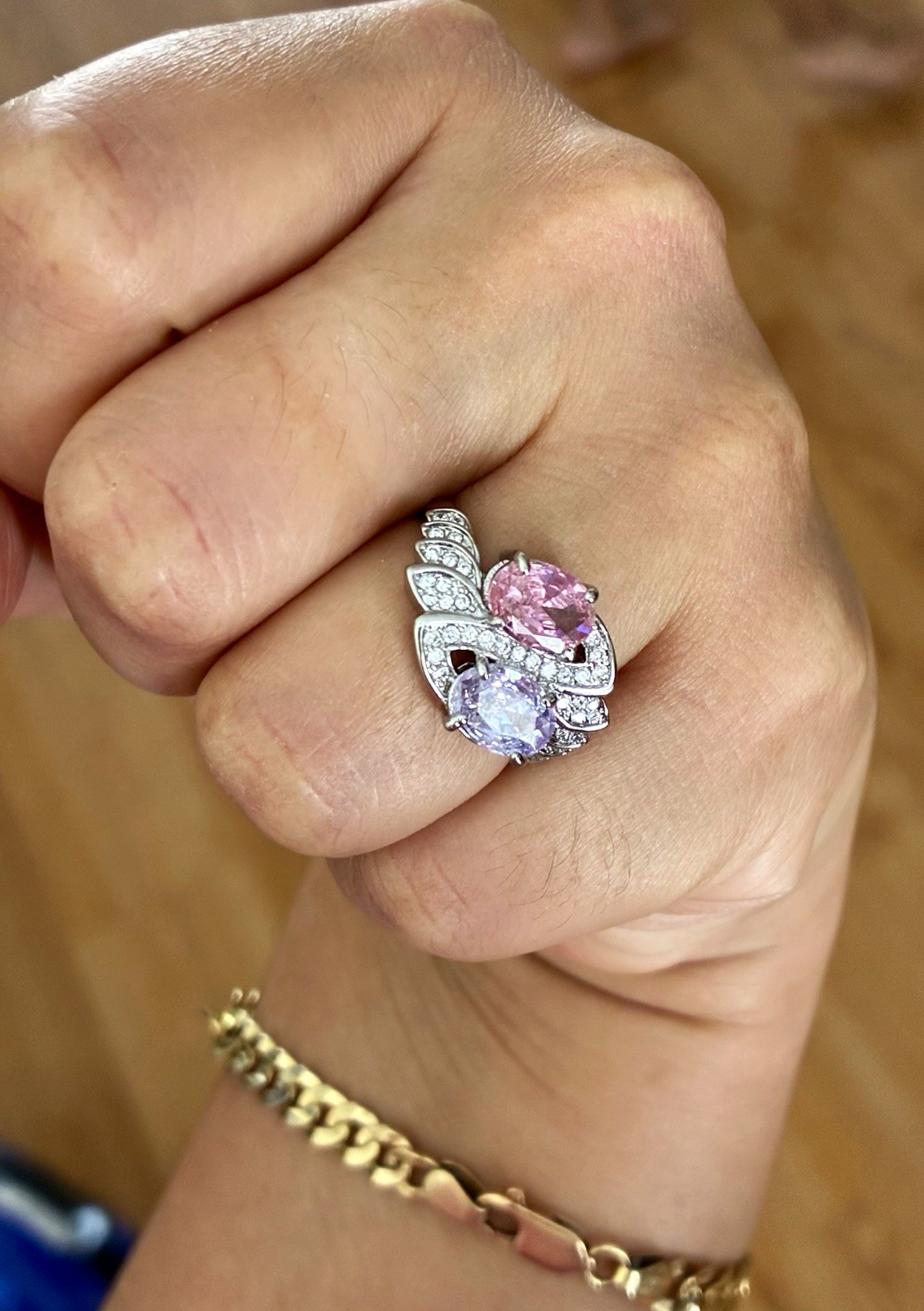 Ginger Lyne Silver Tone Oval Pink & Purple Stone Cocktail Band Ring Size 7