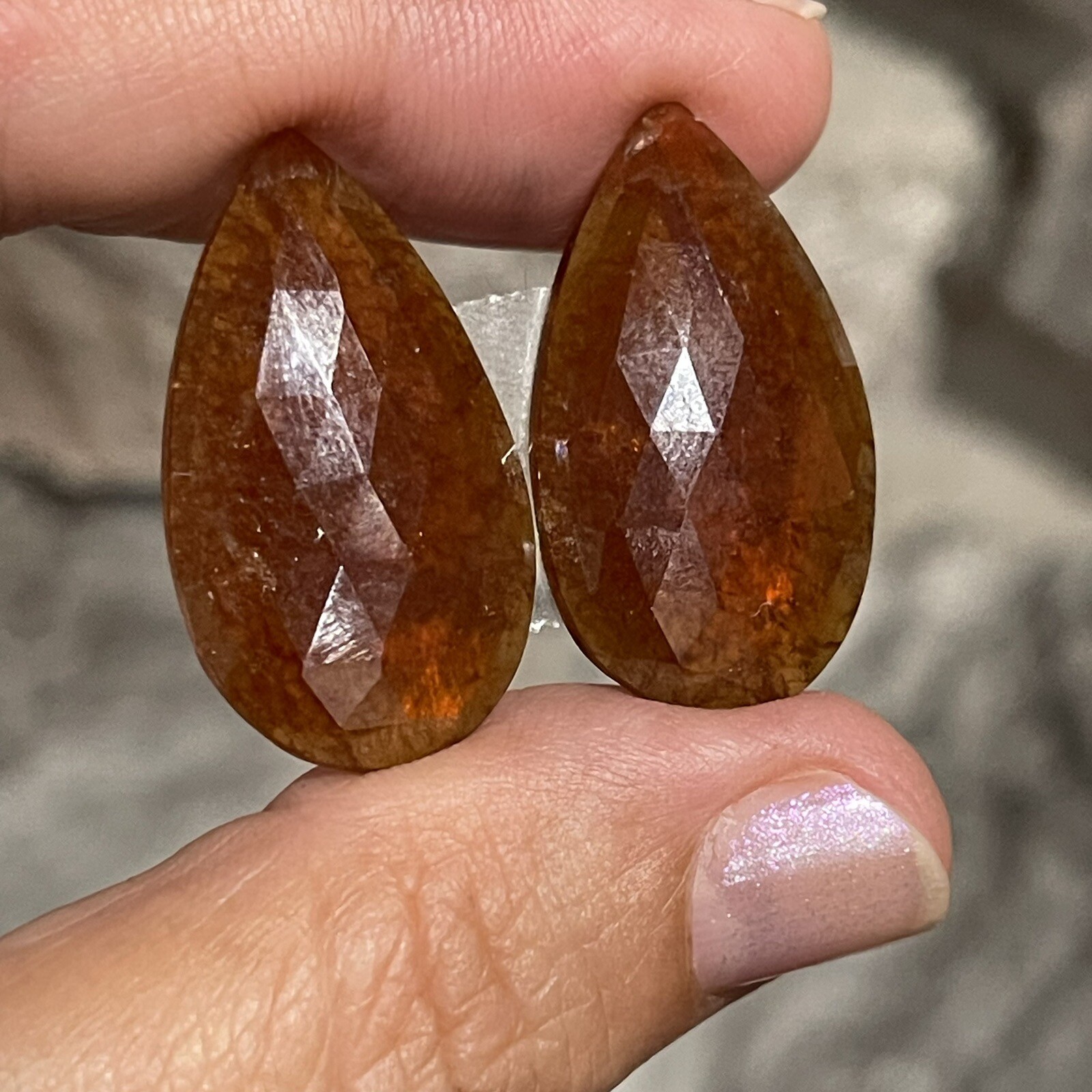 37.5ct 28x16x4.5mm Pair Fine Rose Cut Flat Back Hessonite Garnet Drop Cabochons