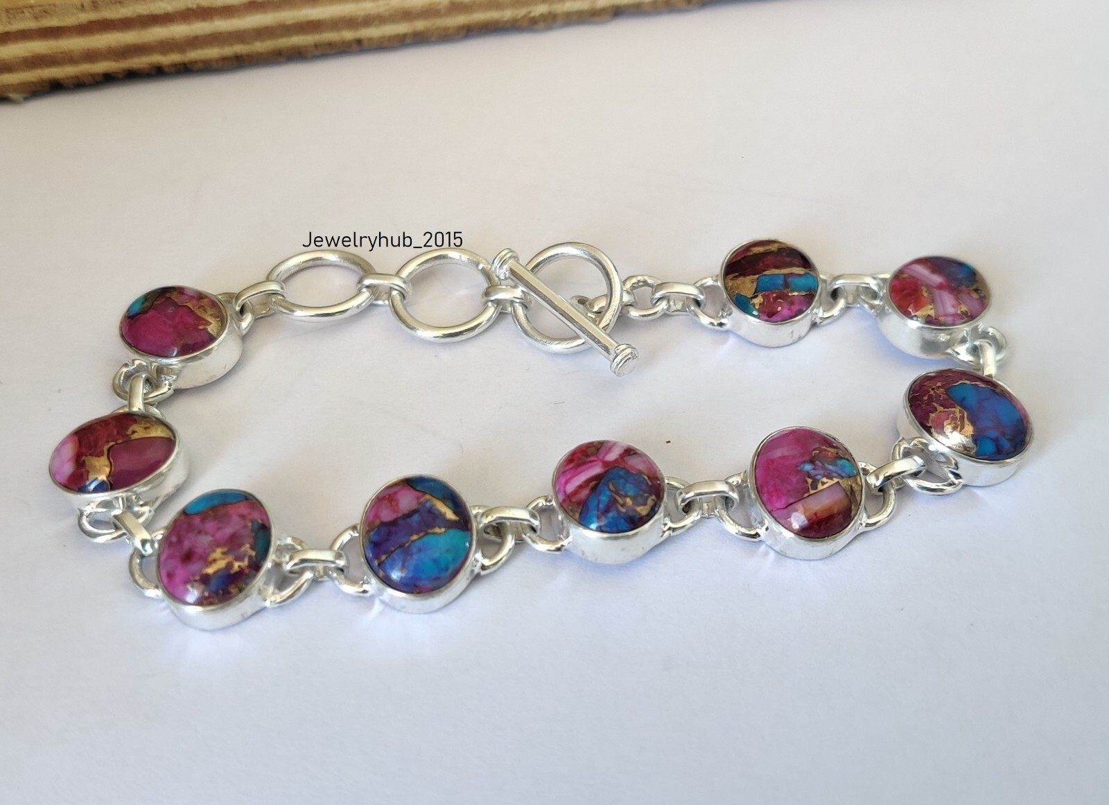 Pink Oyster Copper Turquoise Gemstone 925 Sterling Silver Bracelet MO5121