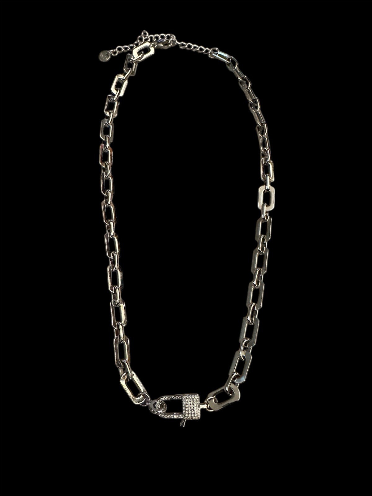 Paper Clip Style Silver Tone Links Rhinestone Lock Clasp Necklace Marked