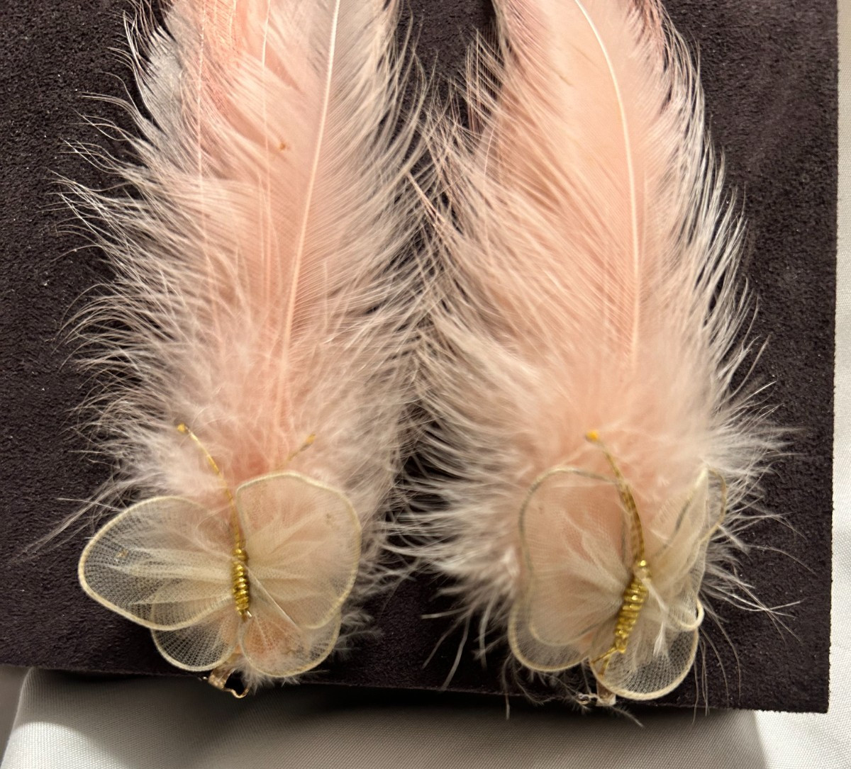 Vintage 1950’s Real Feather Butterfly Pink Special Occasion Earrings Clip-On 6″