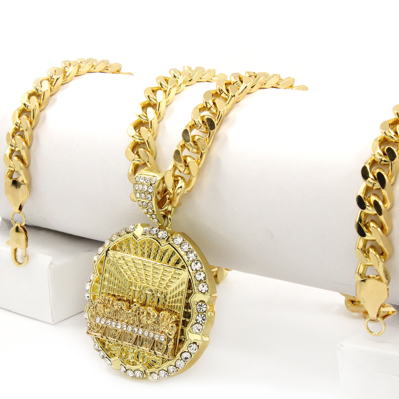 Hip Hop 14k Gold Plated Last Supper Pendant Cubic Zirconia 24″ Cuban Link Chain