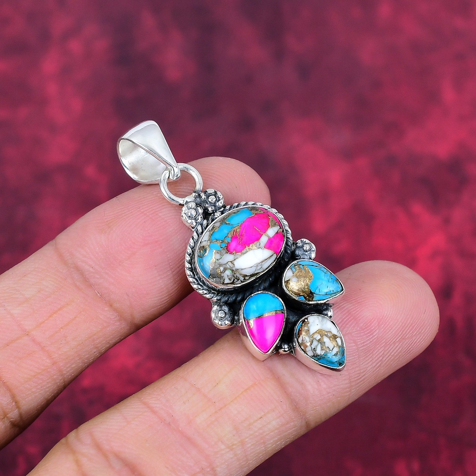 Cotton Candy Turquoise Gemstones Handmade 925 Sterling Silver Pendant Jewelry