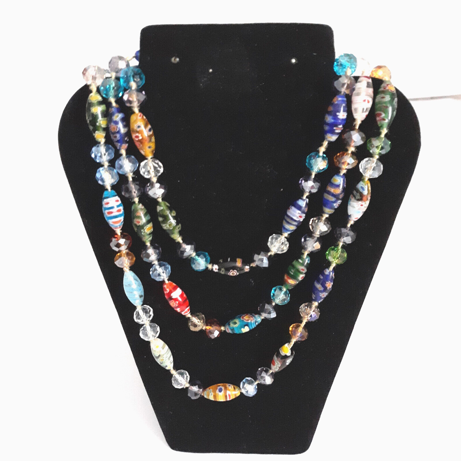 VTG Millefiori Style Art Glass Beads & Crystals Hand Knotted 25″ Stand Overhead