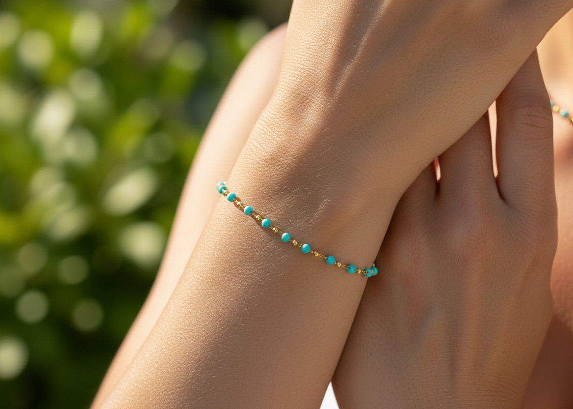 Boho Minimalist Turquoise Gold Tone Brass Bracelet for Her Tiny Bead Charm Chain