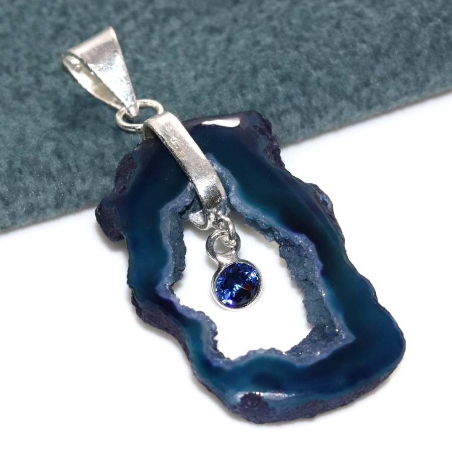 925 Silver Plated Blue Botswana Druzy Slice Iolite Topaz Pendant 2″ Trendy GW