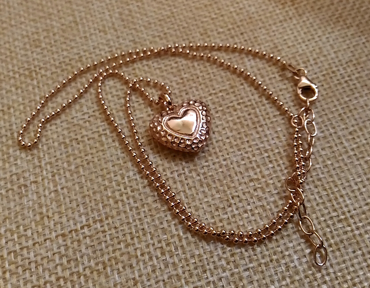 925 GENUINE SILVER, ROSE GOLD PL. 💗 Heart Necklace Gold Plated Chain Ball Chain 42-47cm