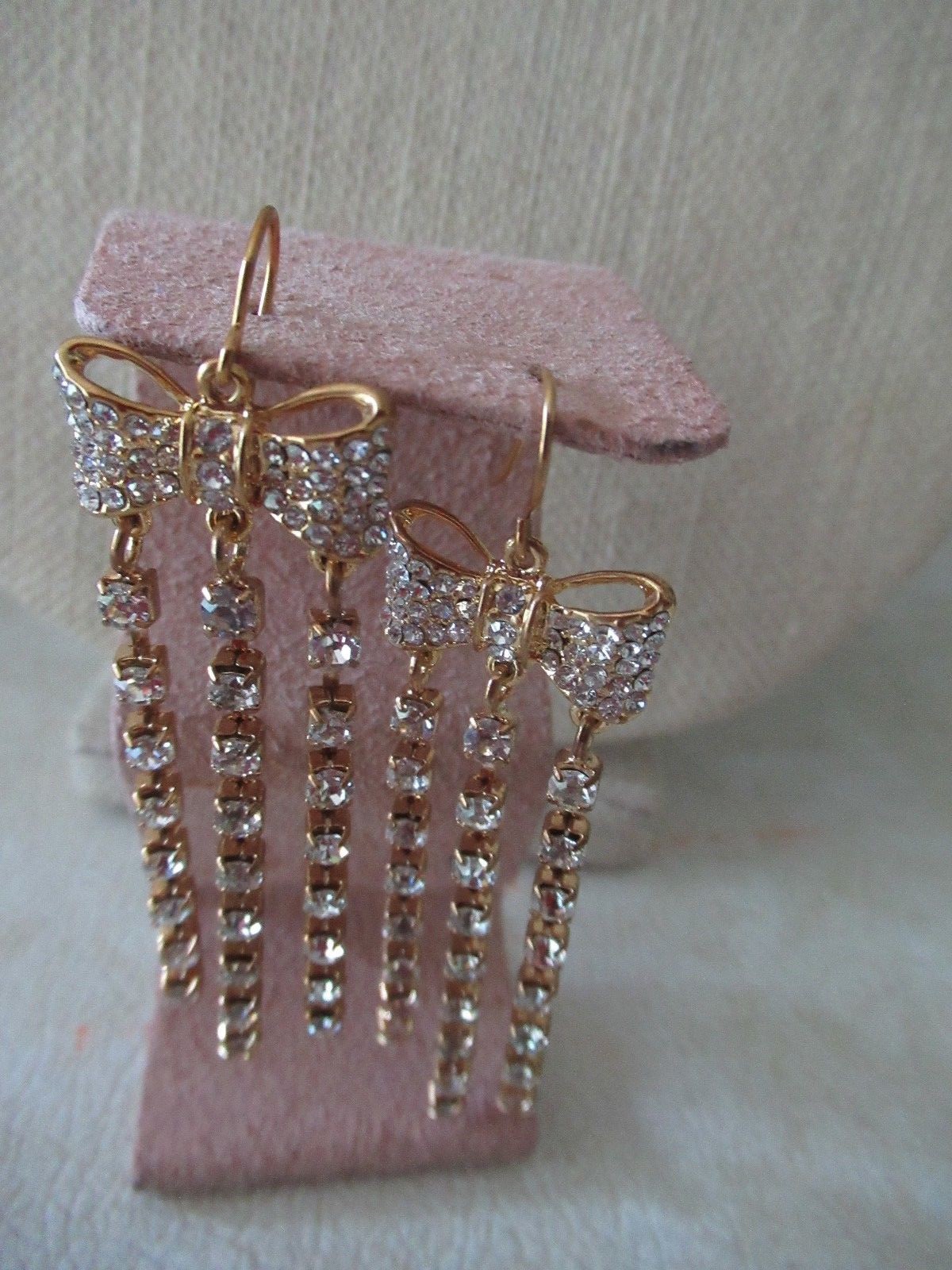 NWT ABS Gold Tone Pave Bow Tie Drop Earrings/ 3 Linear Rhinestone Strands-$55
