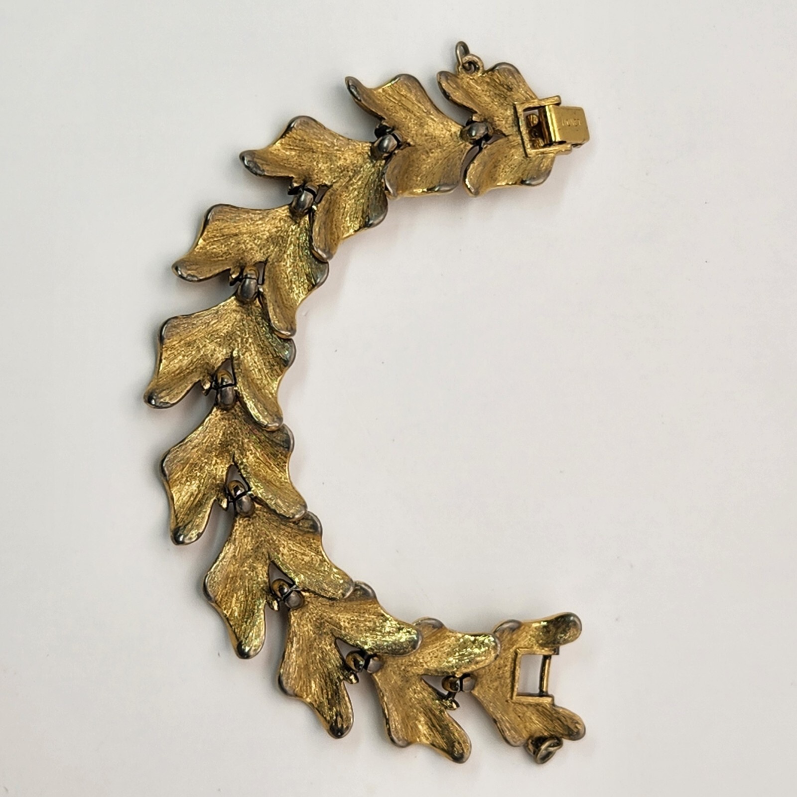 Vintage Monet Gold Tone Leaf Link Bracelet With Safety Chain Chunky Textured