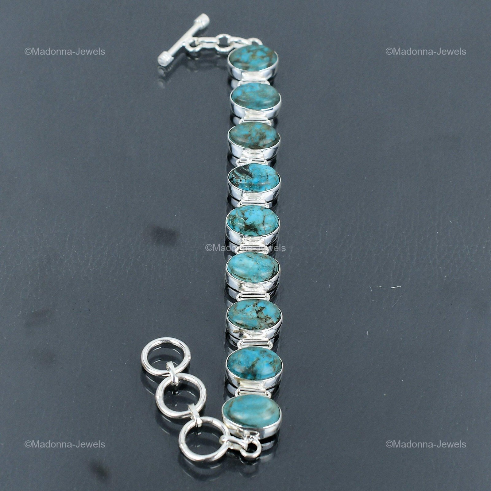 Valentines Deal Oval Tibetan Turquoise Gemstone Chain Bracelet Sterling Silver