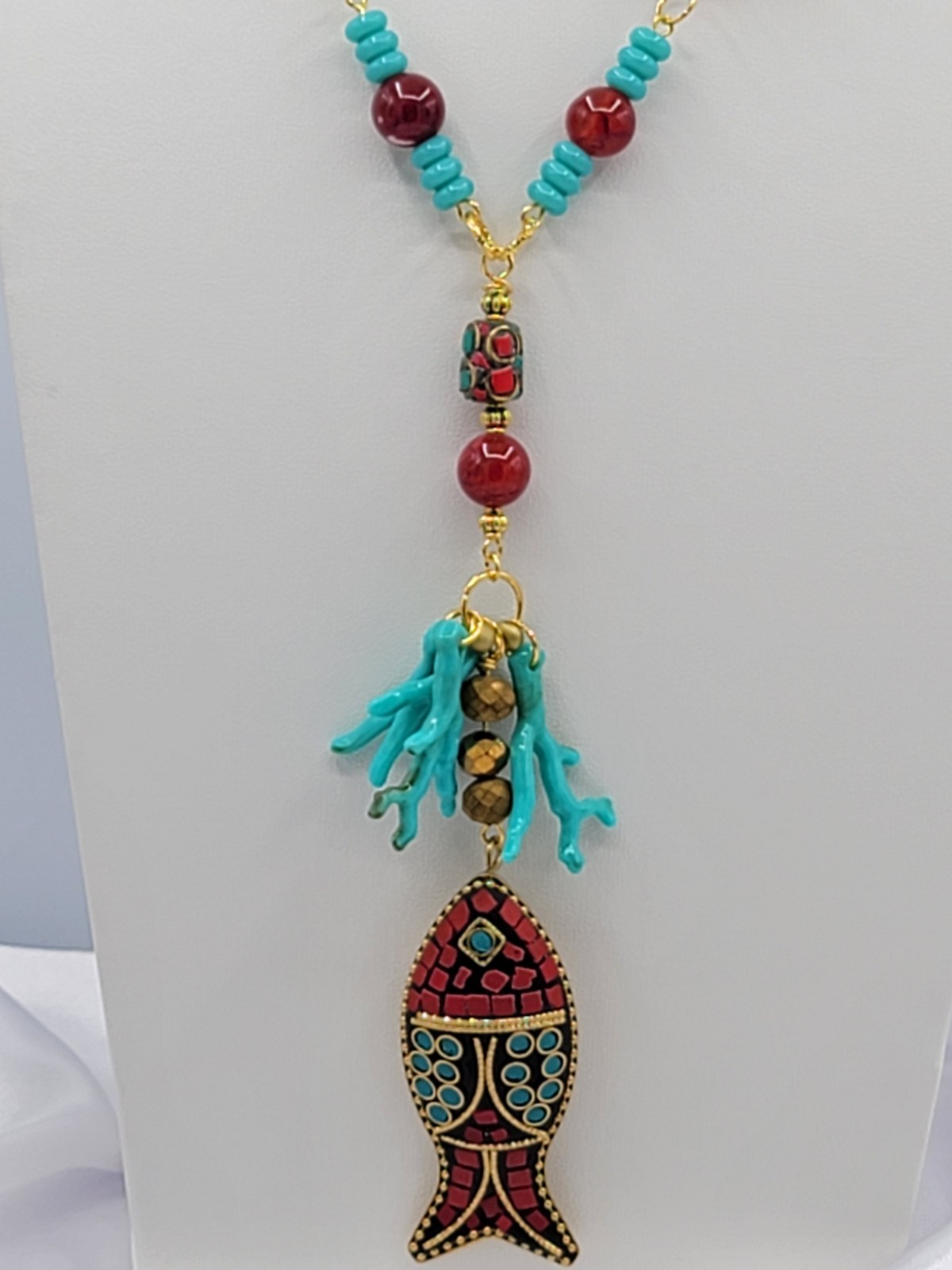 Red Turquoise Black Gold Beaded Necklace Fish Charm Pendant Lobster Clasp