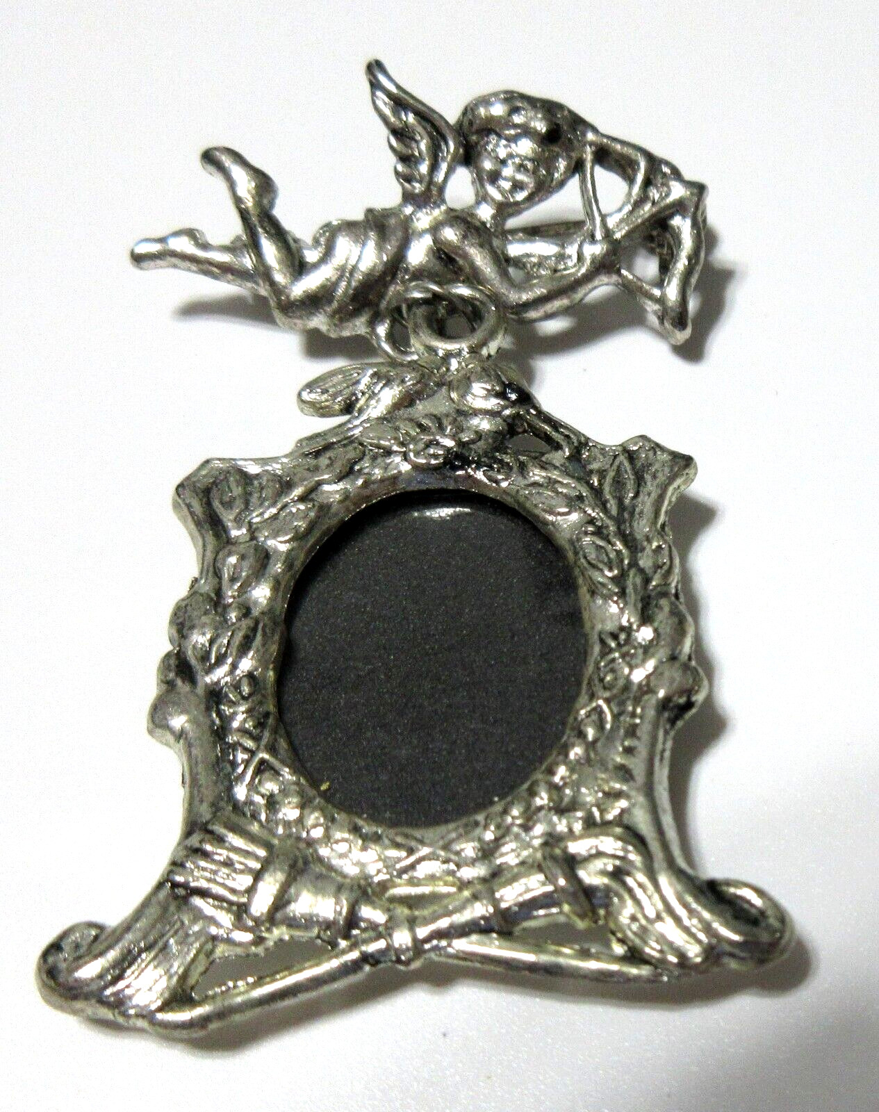 VTG DANECRAFT BIG WING ANGEL ARROW dangl PHOTO FRAME Brooch Pin blac Silver tone