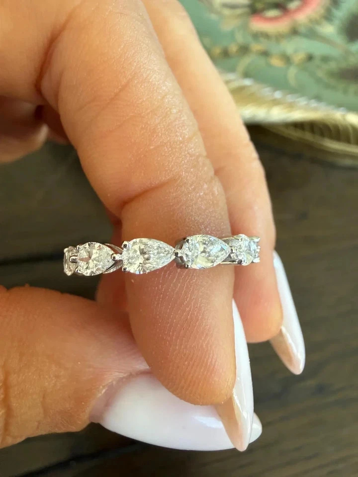 2.40Ct EAST-WEST PEAR-Cut Natural Diamond Full Eternity Band 14k White Gold 6 7