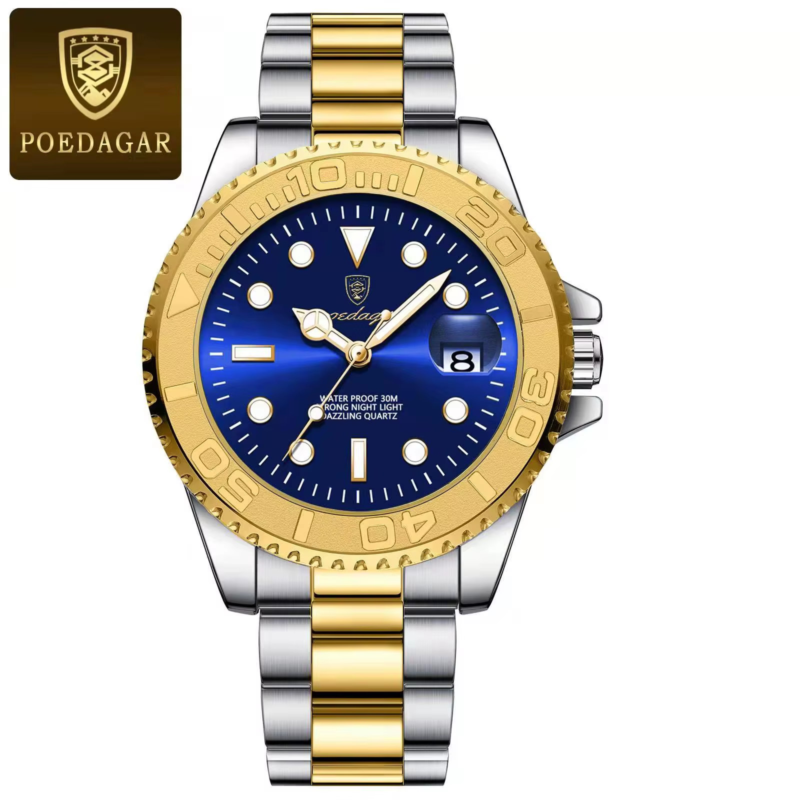 POEDAGAR Men’s Dive Style Quartz Watch Luminous Date Stainless Steel 43mm 3ATM