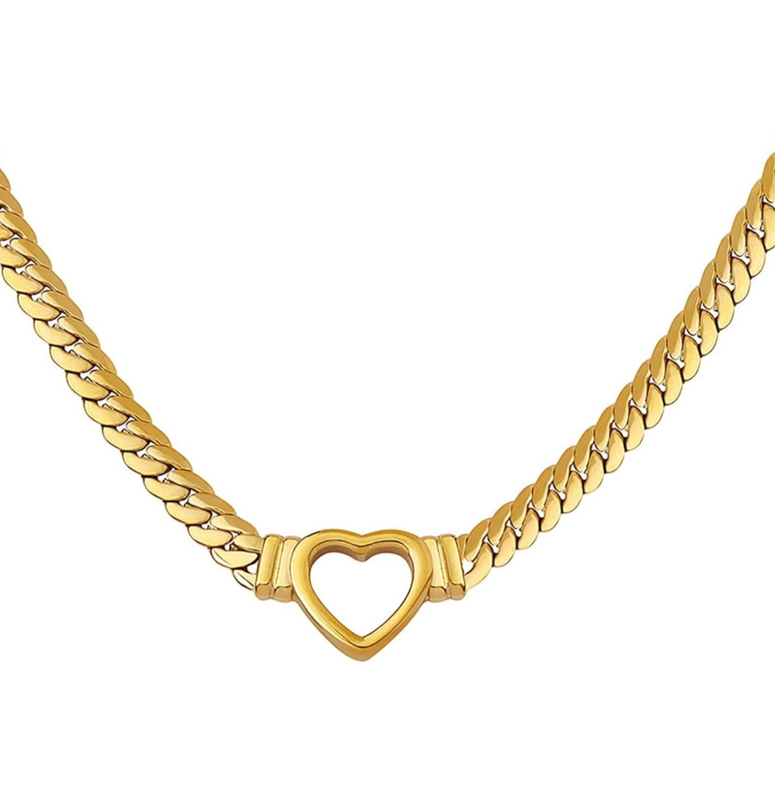 Flat Cuban Link Chunky Chain Necklace Gold Stainless Steel Hollow Heart Charms