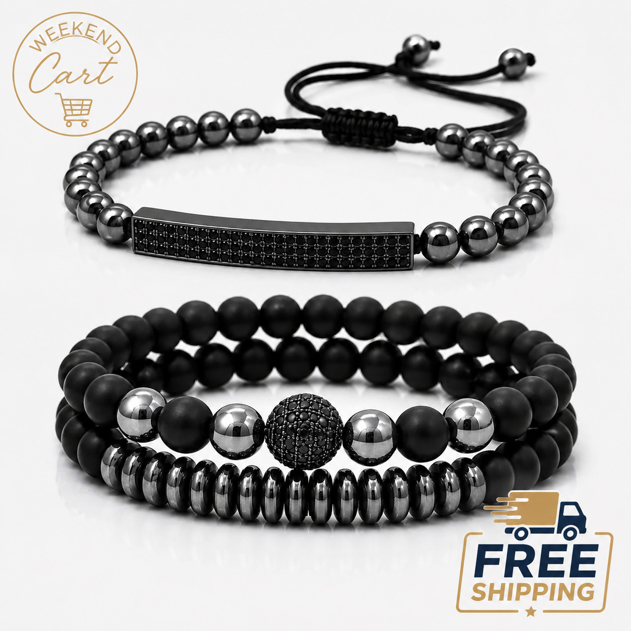 3PC Black Beaded Bracelet Set Men Women Stainless Steel Stretch Stack Jewelry