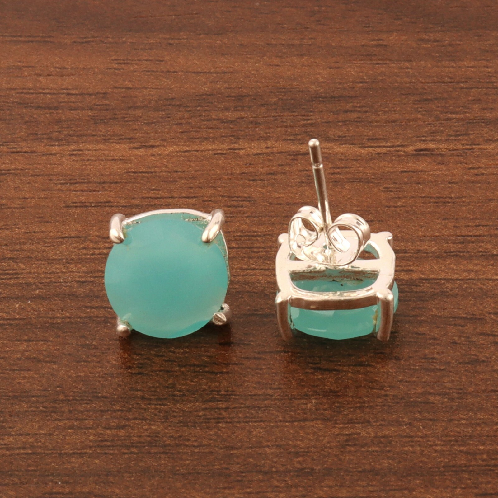 Prong Setting Aqua Chalcedony Silver Plated Round Shape Stud Earrings For Girls
