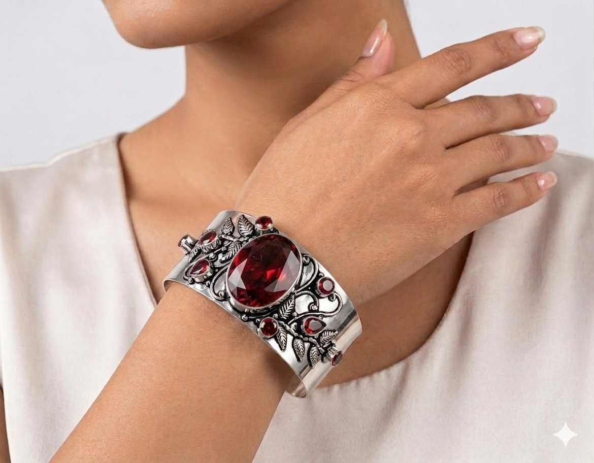 925 Sterling Silver Red Garnet Gemstone Handmade Jewelry Cuff Bracelet ADJ