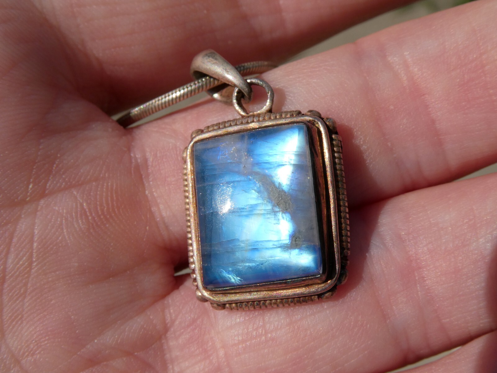 Vintage Sterling Silver Blue Moonstone Rectangular Cabochon Pendant Necklace 925