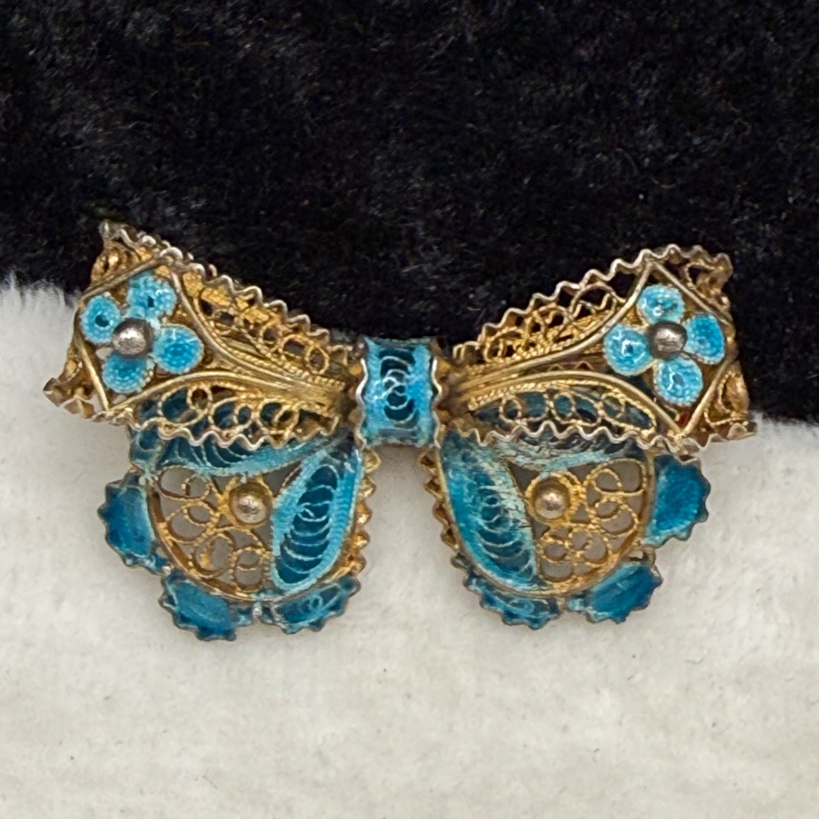 Vintage Chinese Export Brooch Bow 800 Silver Enamel Blue