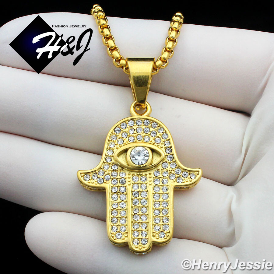 18″-36″MEN Stainless Steel 3mm Gold Plated Box Chain CZ Hamsa Hand Pendant*GP140