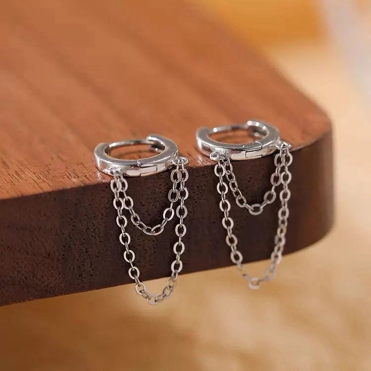 925 Silver Chain Huggie Hoop Earrings Dangle Double Chain Drop Earrings 087