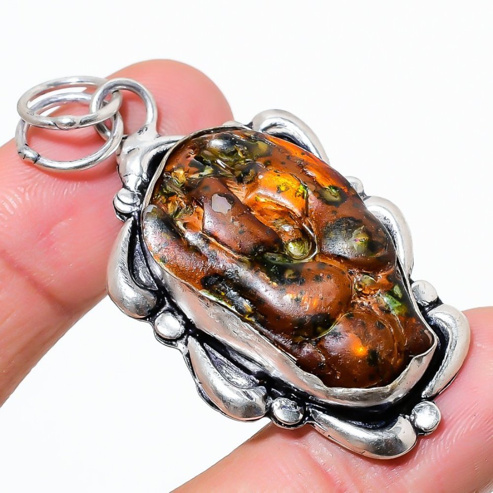 Mexican Fire Agate Gemstone 925 Sterling Silver Gift Jewelry Pendant 2.29″ J676