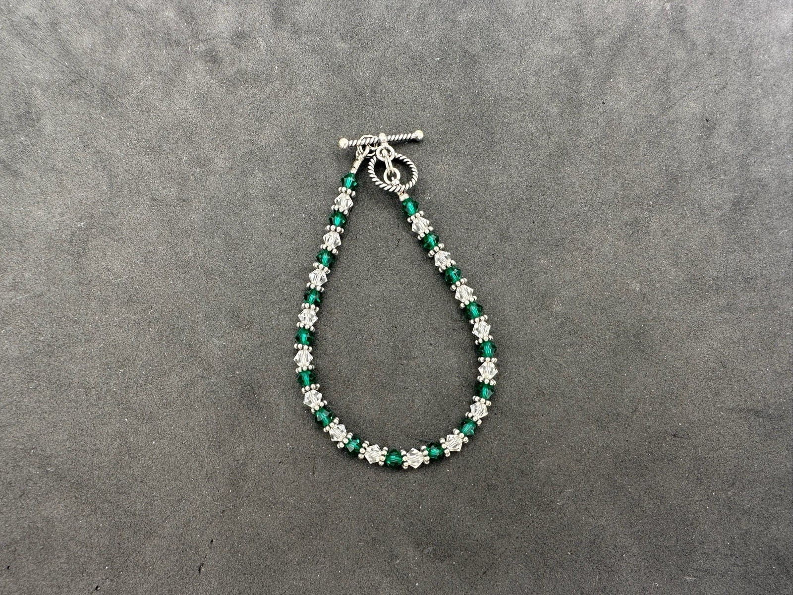 6.33g Vintage Sterling Silver 925 Beaded Link Bracelet Green Accents M 7.2 in