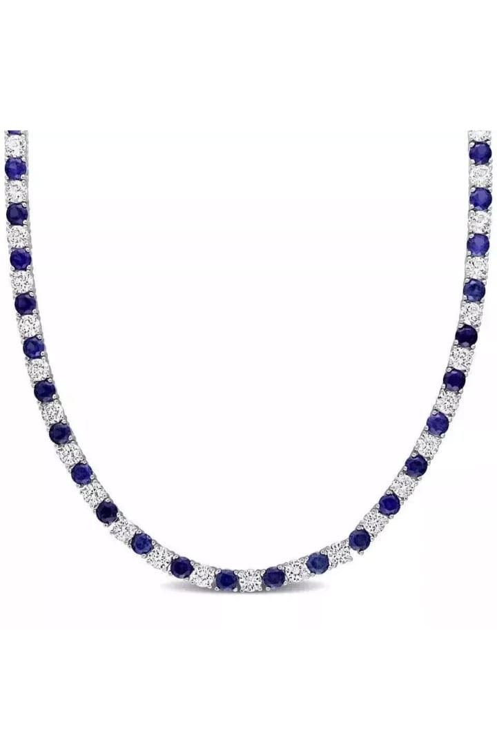 16Ct Lab Created Diamond & Blue Sapphire 14k White Gold Plated Tennis Necklace